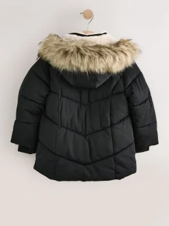 Schoolkleding|Jassen En Jacks|Next Zwart - Regenbestendige gewatteerde jas met imitatiebontrand (3 - 16 jr)