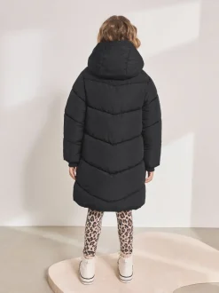 Schoolkleding|Jassen En Jacks|Next - Regenbestendige gewatteerde jas met capuchon en imitatiebontvoering (3 - 16 jr) Zwart