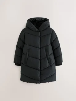 Schoolkleding|Jassen En Jacks|Next - Regenbestendige gewatteerde jas met capuchon en imitatiebontvoering (3 - 16 jr) Zwart