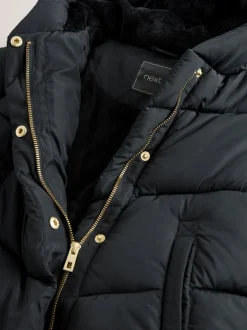 Schoolkleding|Jassen En Jacks|Next - Regenbestendige gewatteerde jas met capuchon en imitatiebontvoering (3 - 16 jr) Zwart