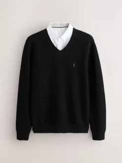 Gebreide Kleding*Next - Regular Fit getextureerde schijn-Oxford overhemdtrui Zwart