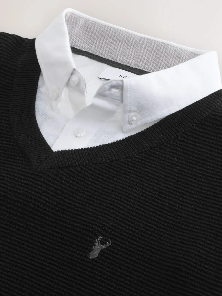 Gebreide Kleding*Next - Regular Fit getextureerde schijn-Oxford overhemdtrui Zwart