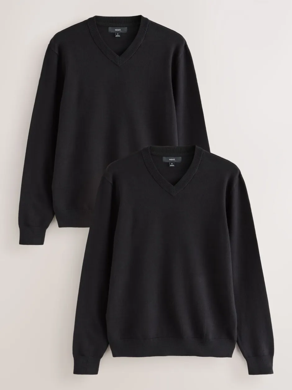 Gebreide Kleding*Next Zwart - Regular Fit Soft Touch V-Neck Jumpers 2 Pack