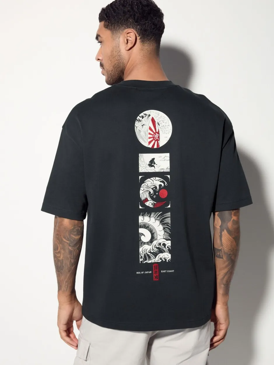 T-Shirts En Hemden*Next - Relaxed fit - Japans T-shirt met surfprint en grafische opdruk Zwart