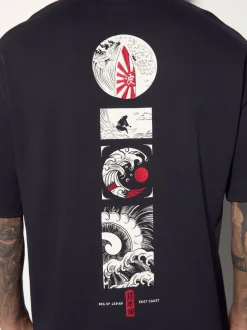 T-Shirts En Hemden*Next - Relaxed fit - Japans T-shirt met surfprint en grafische opdruk Zwart