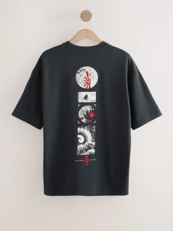 T-Shirts En Hemden*Next - Relaxed fit - Japans T-shirt met surfprint en grafische opdruk Zwart