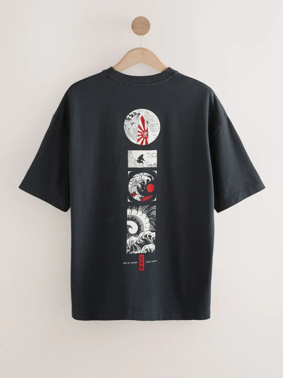 T-Shirts En Hemden*Next - Relaxed fit - Japans T-shirt met surfprint en grafische opdruk Zwart