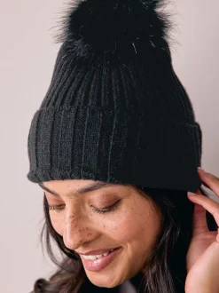 Mutsen, Handschoenen En Sjaals|Next Zwart - Rib Knit Pom Hat