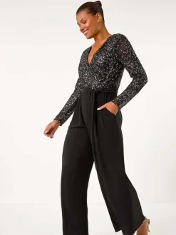 Jumpsuits En Playsuits*Roman - Pailletten wikkel V-hals stretchy Jumpsuit Zwart
