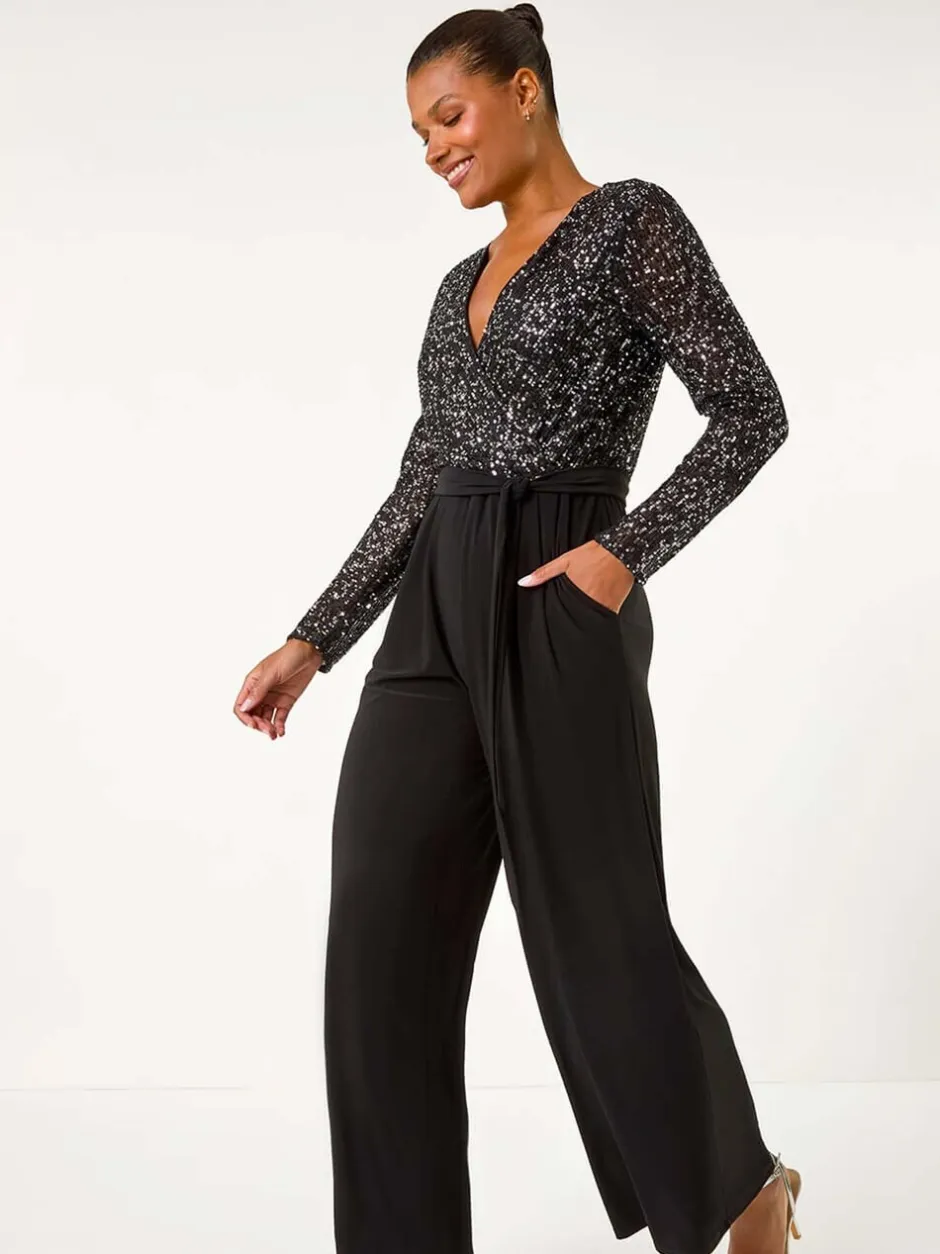 Jumpsuits En Playsuits*Roman - Pailletten wikkel V-hals stretchy Jumpsuit Zwart