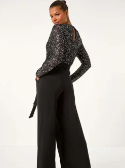 Jumpsuits En Playsuits*Roman - Pailletten wikkel V-hals stretchy Jumpsuit Zwart
