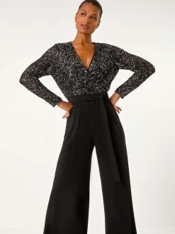 Jumpsuits En Playsuits*Roman - Pailletten wikkel V-hals stretchy Jumpsuit Zwart