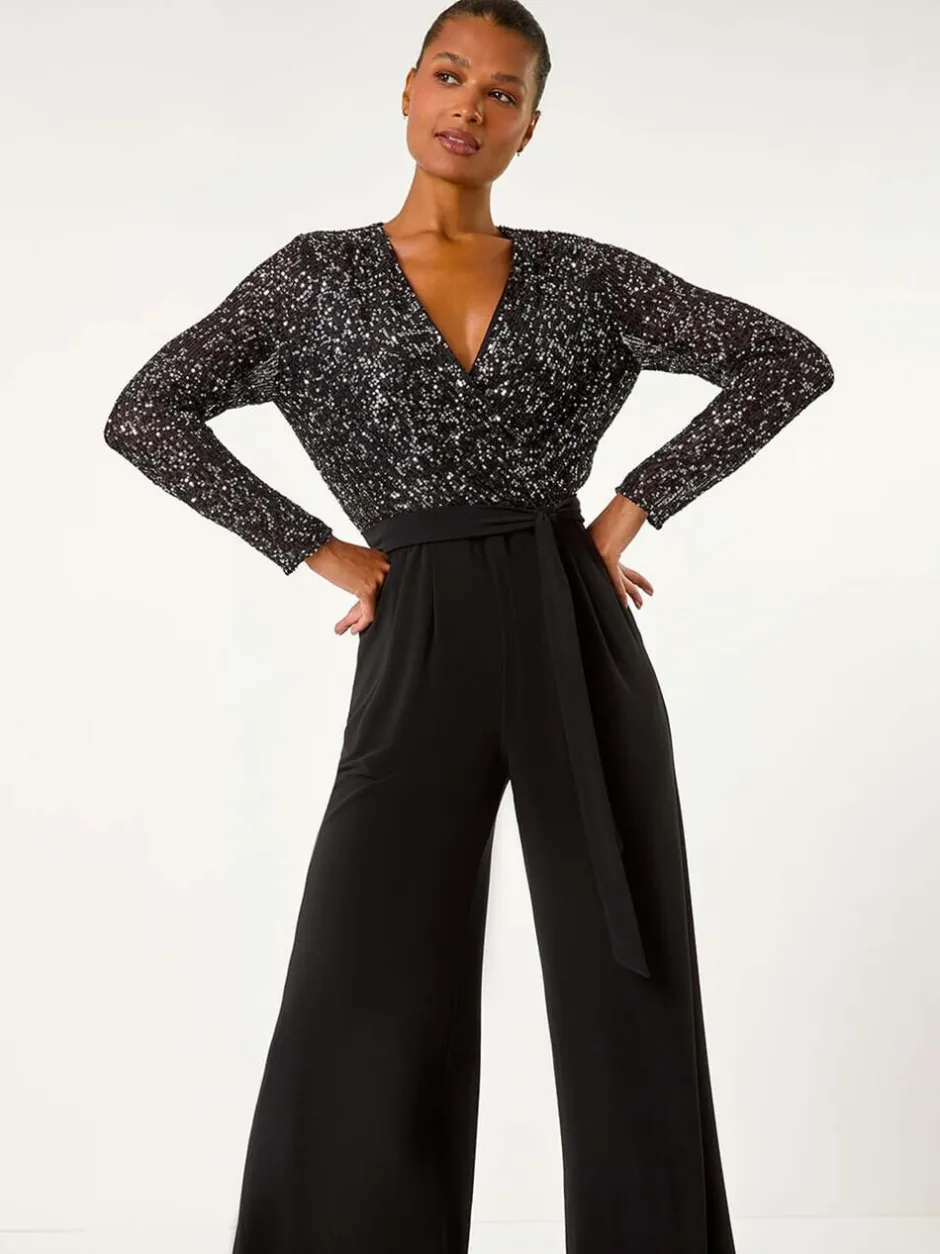 Jumpsuits En Playsuits*Roman - Pailletten wikkel V-hals stretchy Jumpsuit Zwart