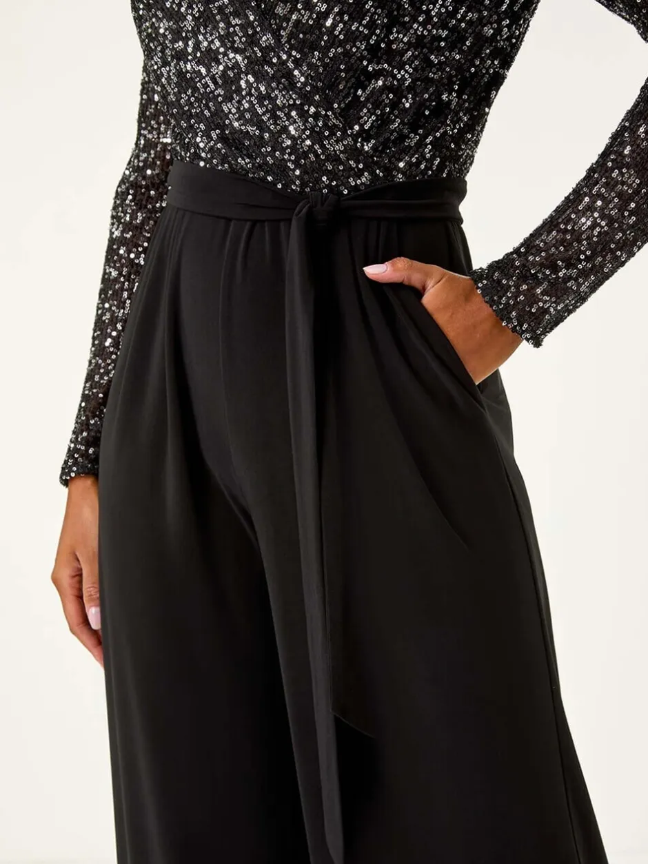 Jumpsuits En Playsuits*Roman - Pailletten wikkel V-hals stretchy Jumpsuit Zwart