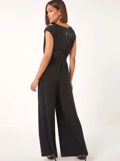 Jumpsuits En Playsuits*Roman - Paillettenlijfje met Watervalhals Jumpsuit Zwart