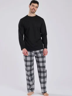 Pyjama's|Loungewear|Loungeable - Ronde hals - Jersey Microfleece Long Top And Check Trousers Pyjama Set Zwart