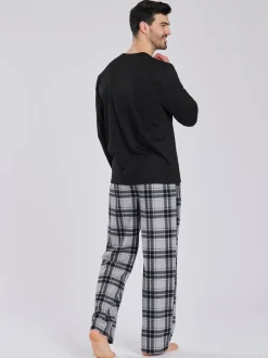 Pyjama's|Loungewear|Loungeable - Ronde hals - Jersey Microfleece Long Top And Check Trousers Pyjama Set Zwart