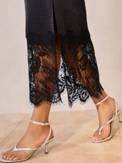 Rokken|Gelegenheidskleding|Next - Satijn Midi-rok met kanten afwerking Zwart