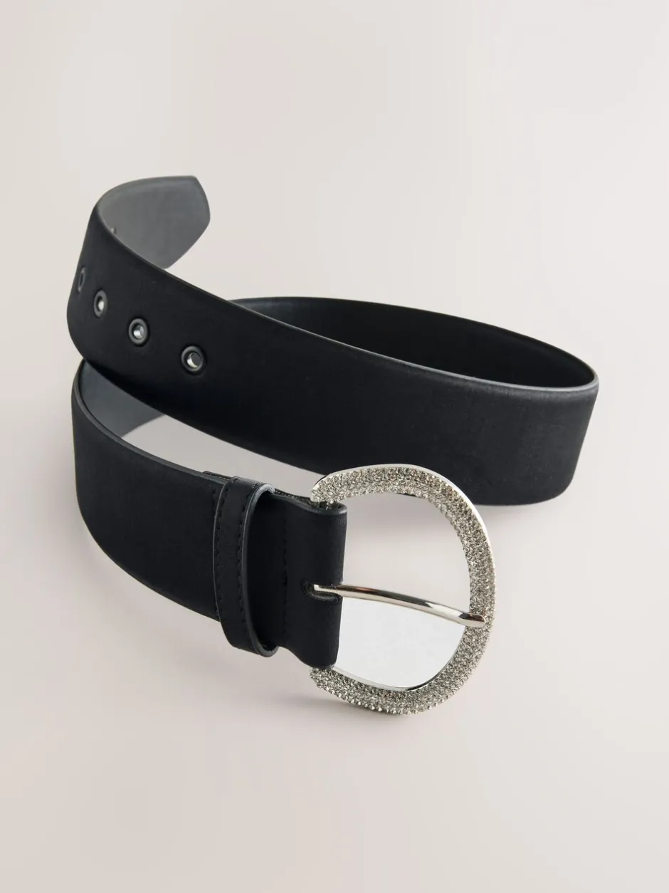 Ceintuurs|Next - Satin Belt with Diamante Buckle Zwart