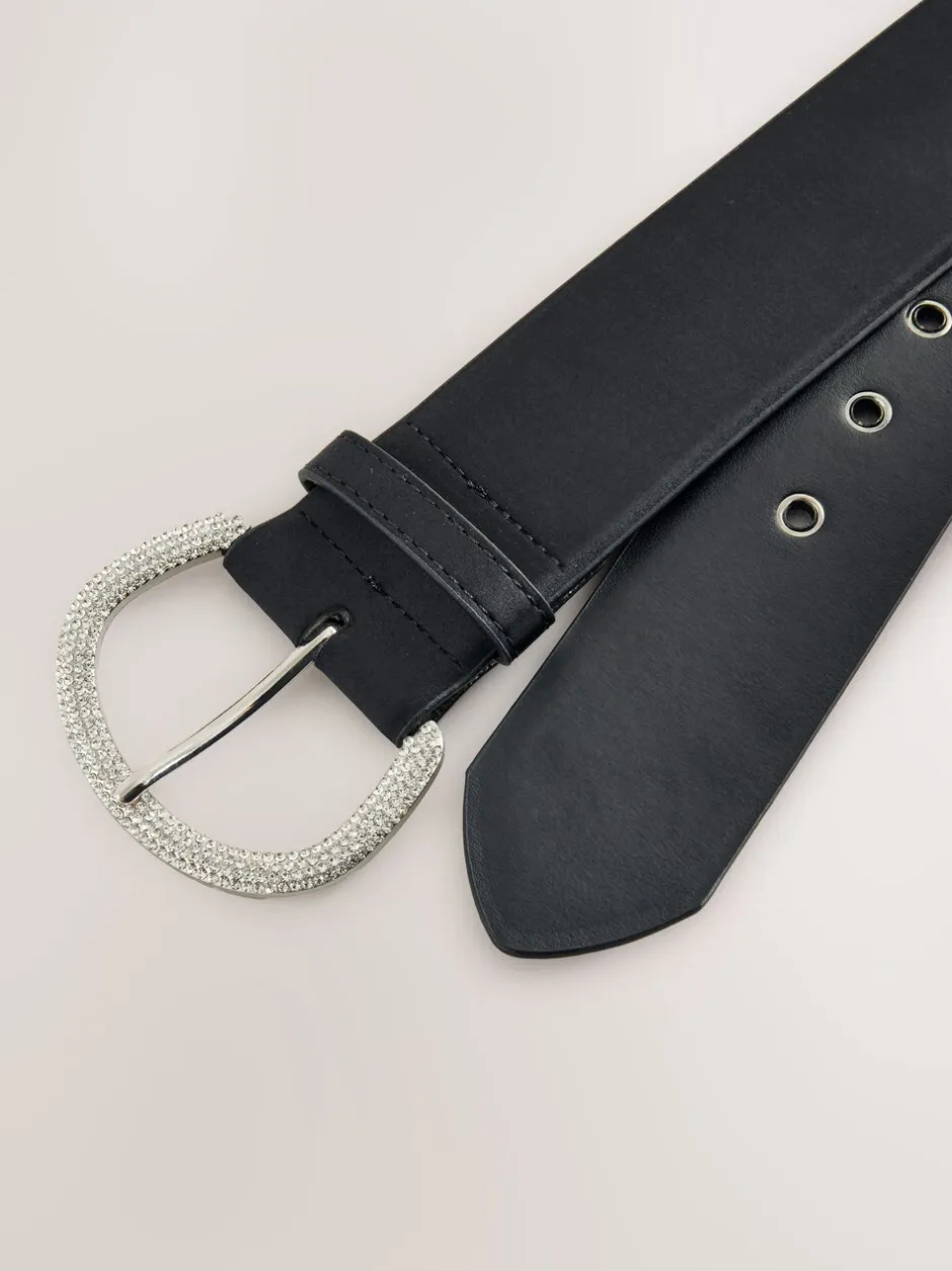 Ceintuurs|Next - Satin Belt with Diamante Buckle Zwart