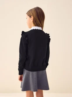 Schoolkleding|Gebreide Kleding*Next Zwart - Schoolvest met hoog katoengehalte en ruches op de schouders (3-16 jr)