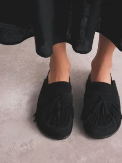Lage Schoenen*Next Zwart - Signature Premium leren suède muiltjes met franje en voetbed