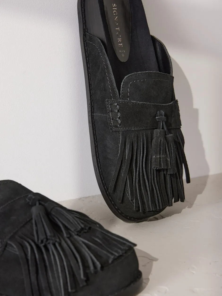 Lage Schoenen*Next Zwart - Signature Premium leren suède muiltjes met franje en voetbed