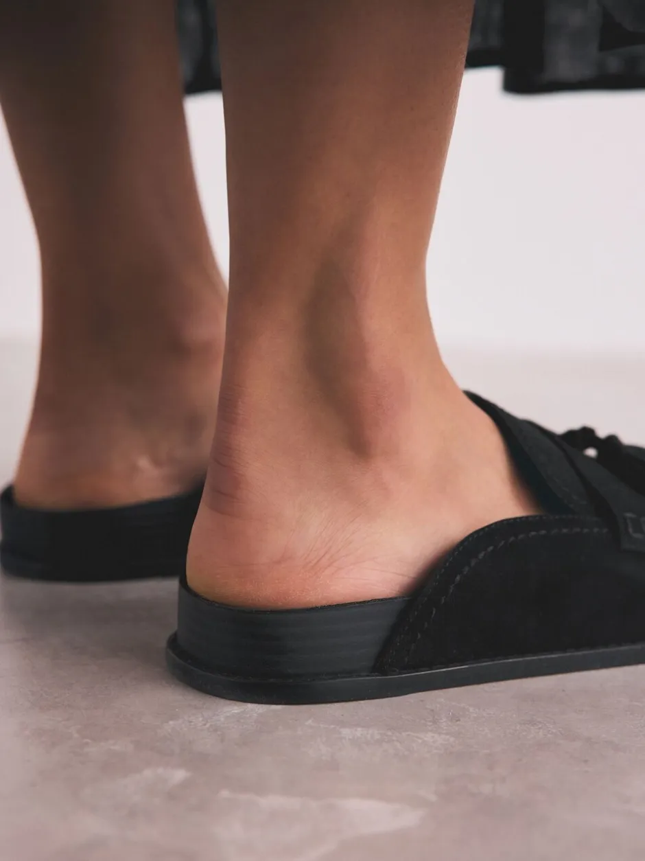 Lage Schoenen*Next Zwart - Signature Premium leren suède muiltjes met franje en voetbed