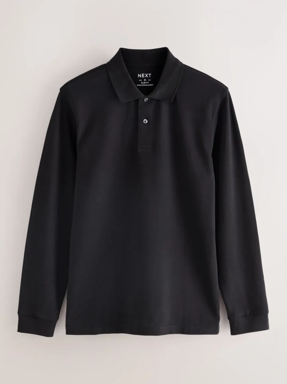 T-Shirts En Hemden|Poloshirts|Next - Slim Fit - Piqué polo met lange mouwen Zwart