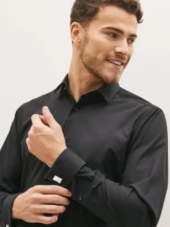 Formele Overhemden|Shirts*Next - Slim Fit - Strijkvrij net overhemd met dubbele manchet Zwart