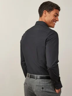 Formele Overhemden|Shirts*Next - Slim Fit - Strijkvrij net overhemd met enkele manchet Zwart