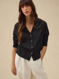 Gebreide Kleding|Next Zwart - Soft Touch V-hals Katoenrijk Vest met Knopen