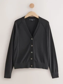 Gebreide Kleding|Next Zwart - Soft Touch V-hals Katoenrijk Vest met Knopen