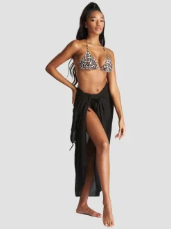 Mutsen, Handschoenen En Sjaals|Badkleding*South Beach Zwart - - Gekreukte viscose sarong-tuniek met franje