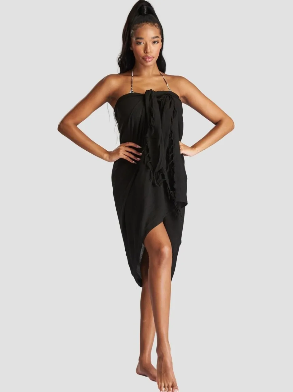 Mutsen, Handschoenen En Sjaals|Badkleding*South Beach Zwart - - Gekreukte viscose sarong-tuniek met franje