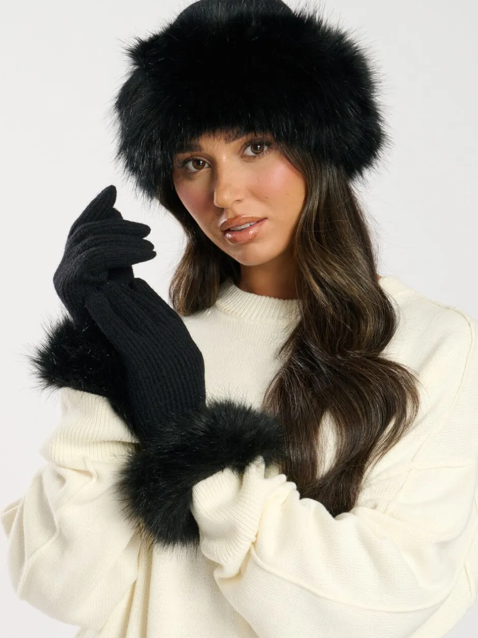Mutsen, Handschoenen En Sjaals|South Beach - Faux Fur Hat And Glove Set Zwart