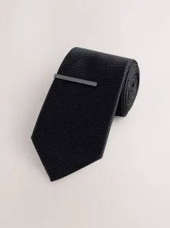 Stropdassen En Pochets*Next Zwart - Stropdas met textuur en dasspeld