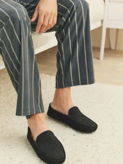 Pantoffels|Next - Suède mocassinpantoffels met voering van imitatiebont Zwart