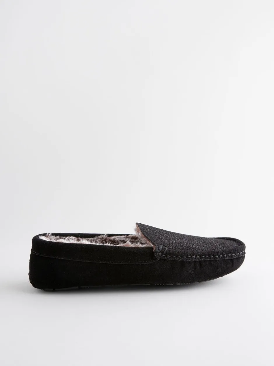 Pantoffels|Next - Suède mocassinpantoffels met voering van imitatiebont Zwart