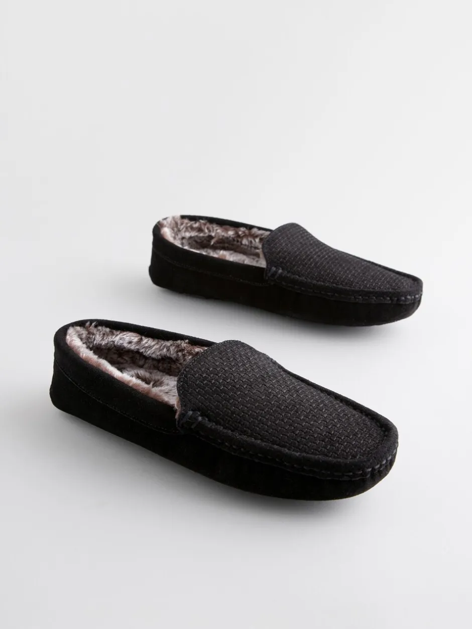 Pantoffels|Next - Suède mocassinpantoffels met voering van imitatiebont Zwart