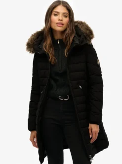 Jassen En Jacks|Superdry Zwart - Fuji Faux Hood Mid Length Coat