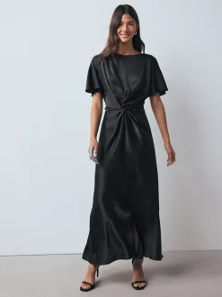 Jurken*Next - Textured Satin Short Sleeve Twist Front Midi Dress Zwart