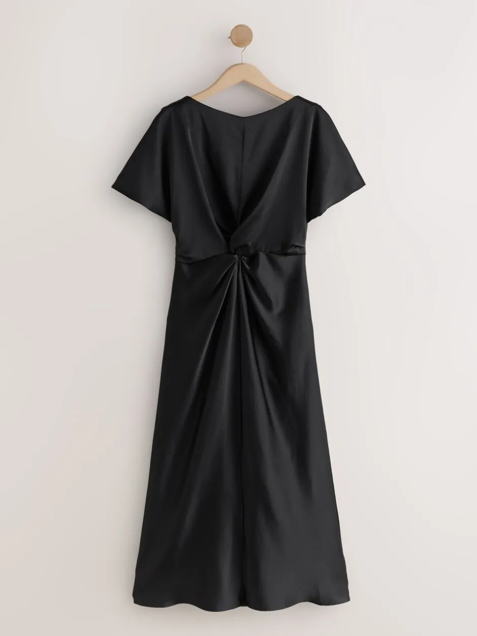 Jurken*Next - Textured Satin Short Sleeve Twist Front Midi Dress Zwart