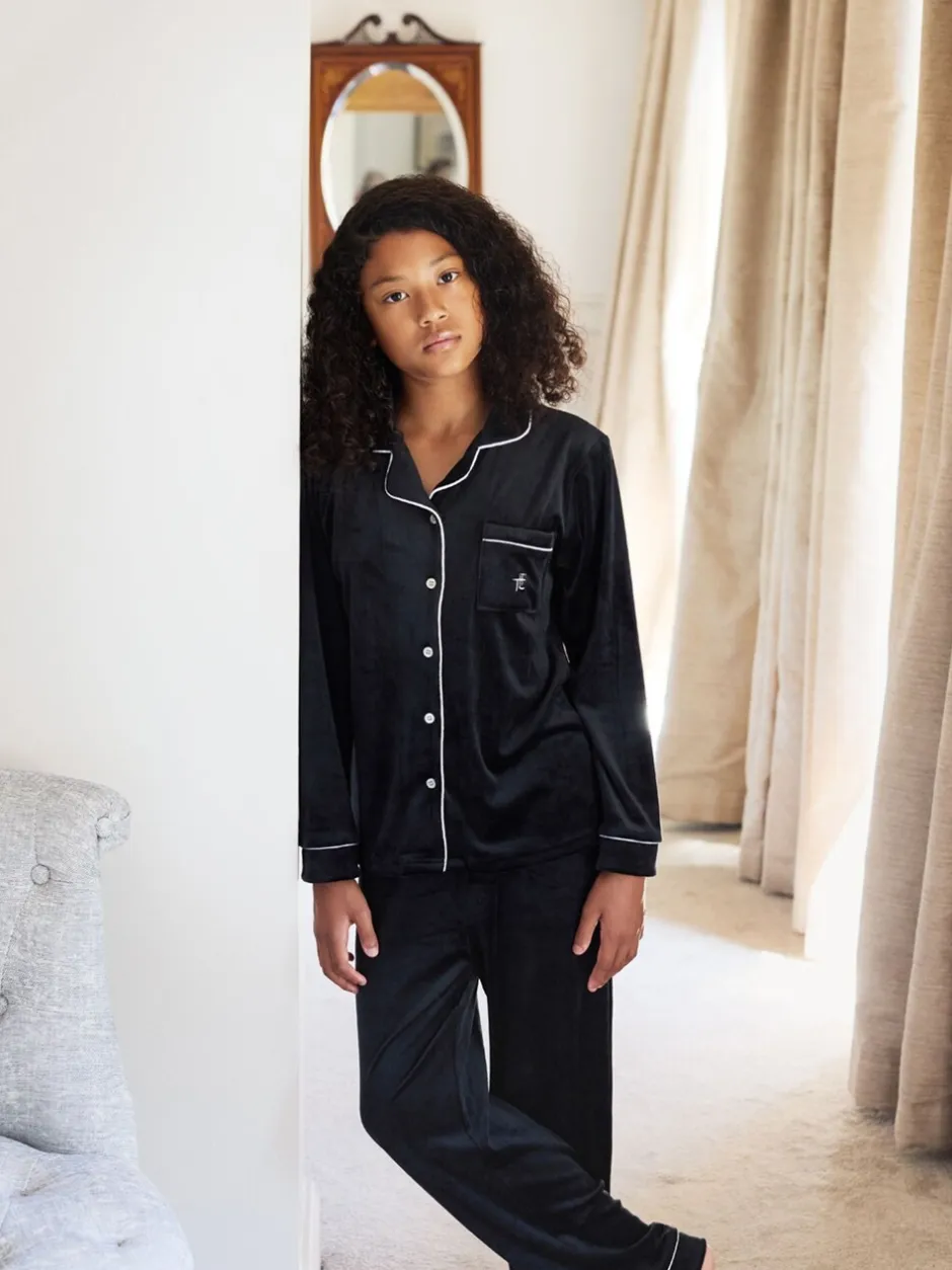 Nachtkleding En Pyjama's|Pyjama's|The Little Tailor - Satijnen Kinder Kerstmis Pyjama's met Knoopsluiting Zwart