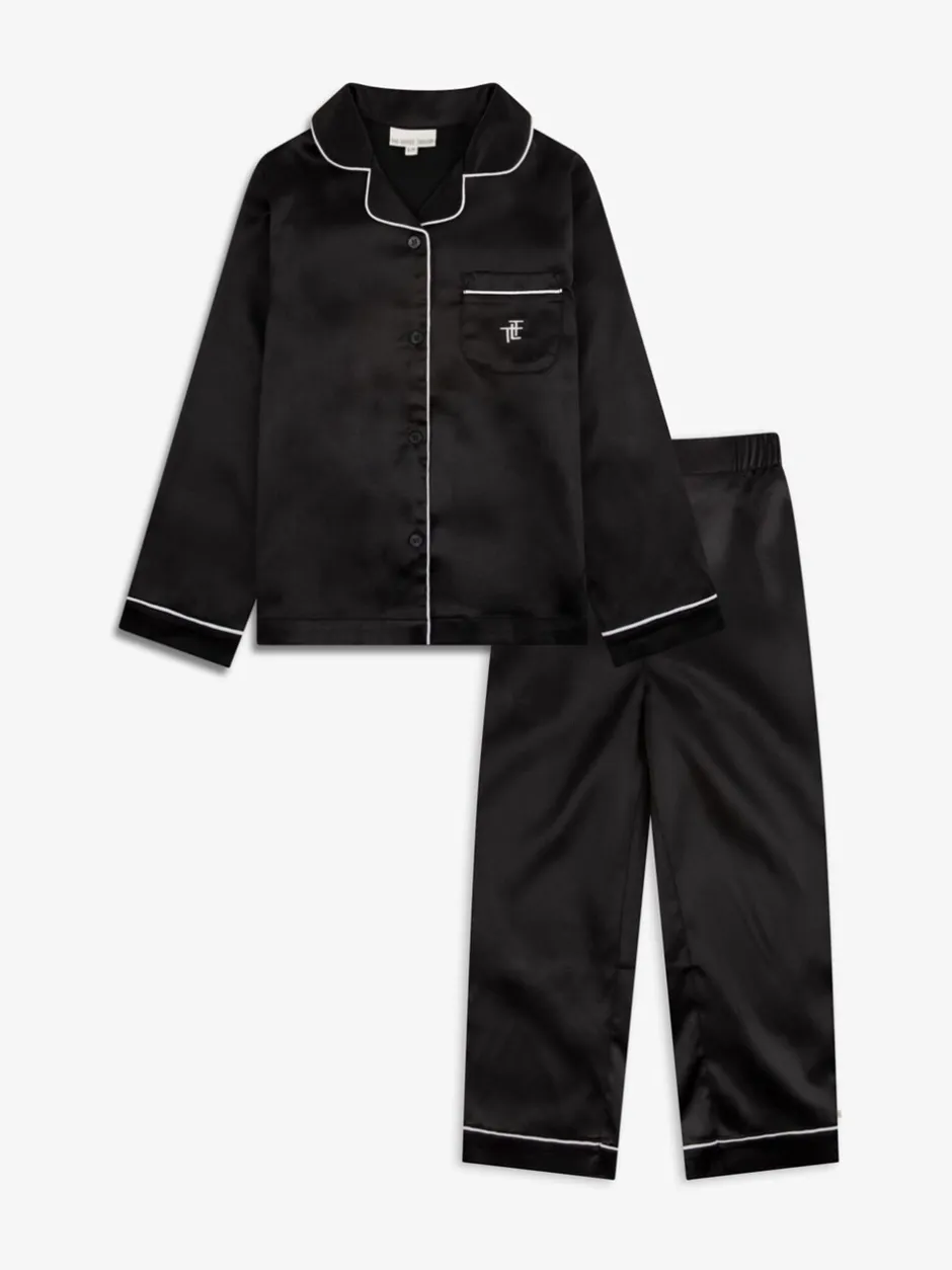 Nachtkleding En Pyjama's|Pyjama's|The Little Tailor - Satijnen Kinder Kerstmis Pyjama's met Knoopsluiting Zwart