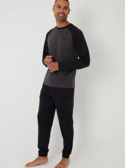 Pyjama's|Threadbare Zwart - - Pyjamaset van gemengde stoffen met lange mouwen