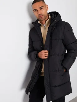 Jassen En Jacks*Threadbare - - Regenbestendige lange gewatteerde jas met capuchon Zwart
