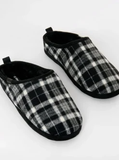 Pantoffels*Threadbare - Check Faux Fur Lined Mule Slippers Zwart