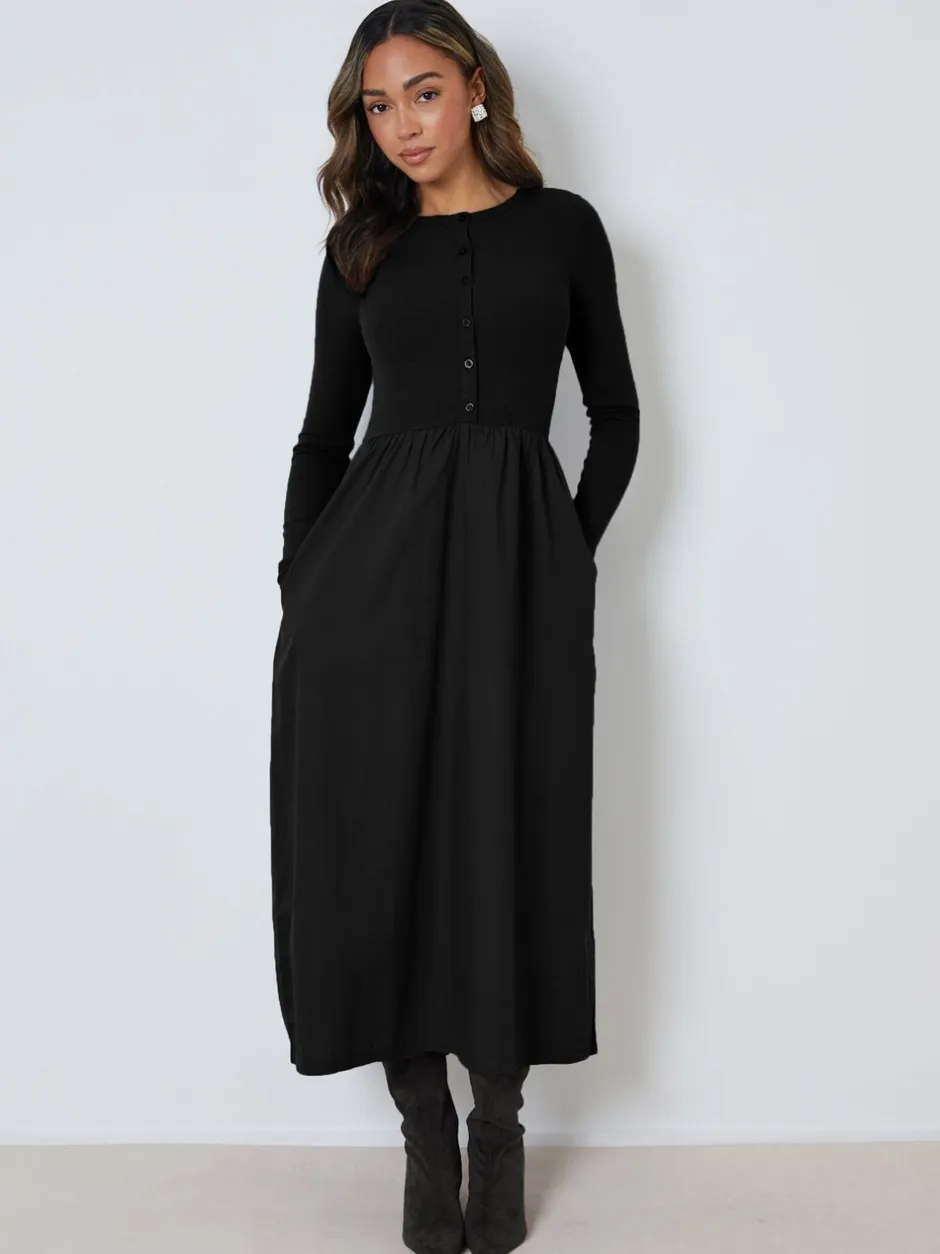 Jurken*Threadbare - 2-in-1 Jersey Poplin Mix Button Down Dress Zwart