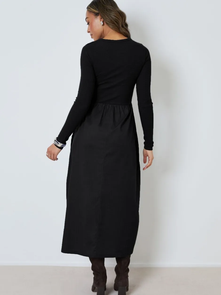 Jurken*Threadbare - 2-in-1 Jersey Poplin Mix Button Down Dress Zwart